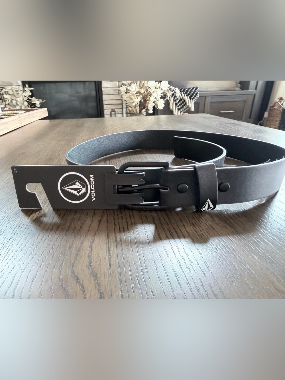 NWT Volcom Black Men's Leather Belt with Logo Buckle - Size 34